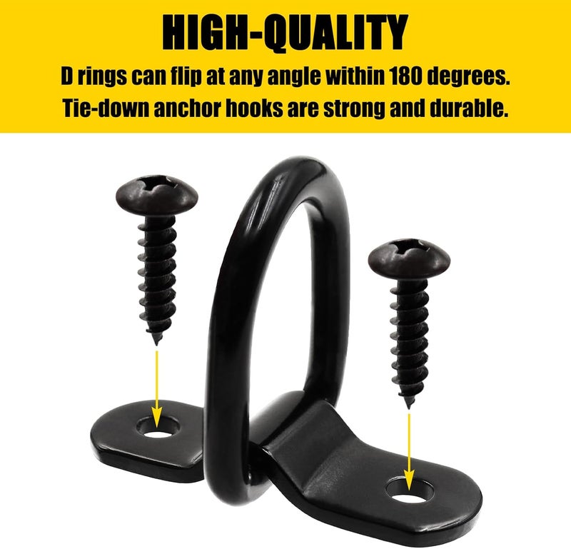 ZOSANY 12PCS D Rings Tie Down Anchors Hooks, 1/4" Tie Down Anchors for Trailer, Heavy Duty Tie Down Anchors 1750LBS with Carabiner D Rings for Trucks RV Camper Van Boats Motorcycles Surface Mount - Image 4